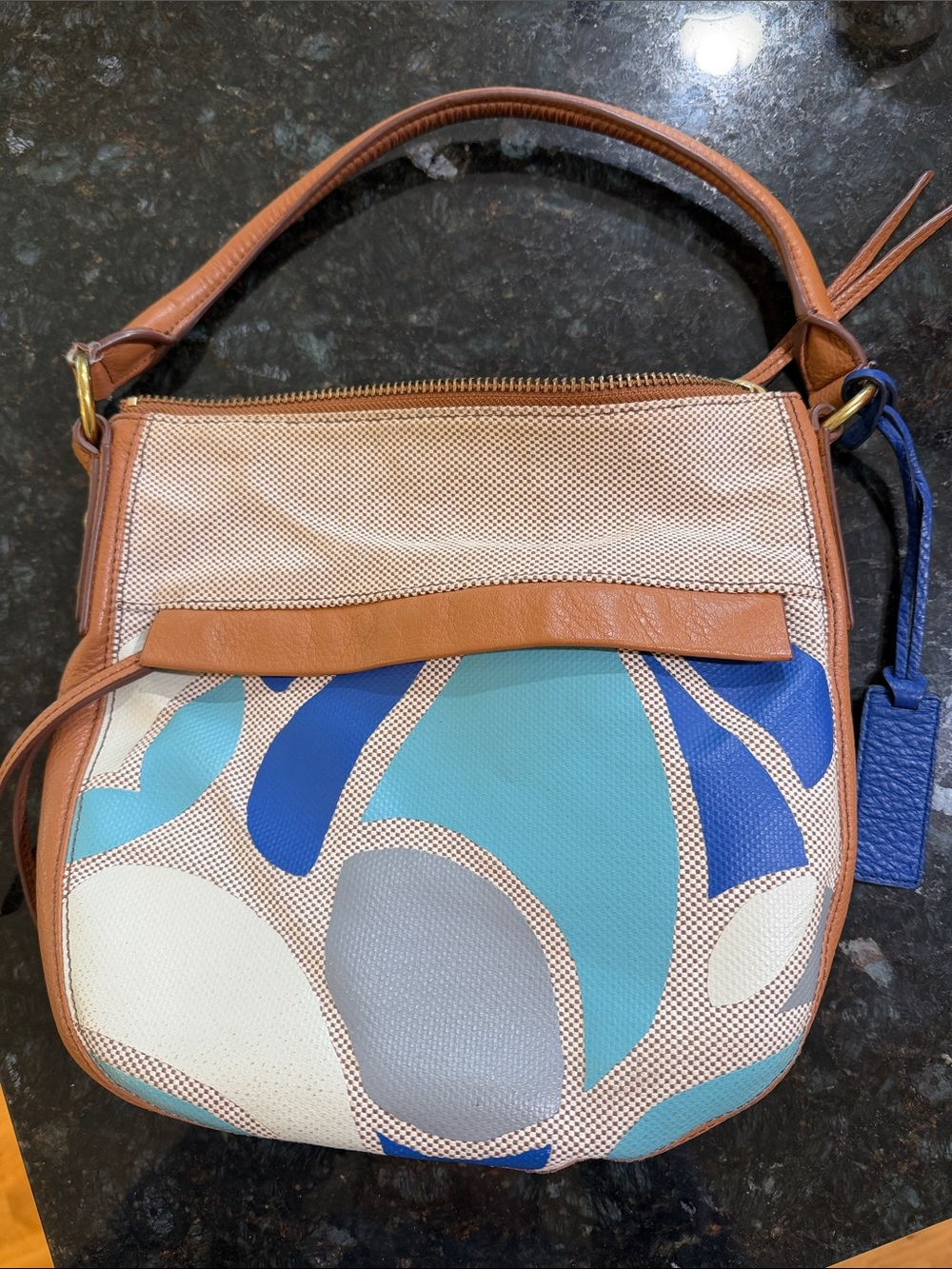 FOSSIL Canvas and Leather Shoulder Bag in Blue, Tan and Cream